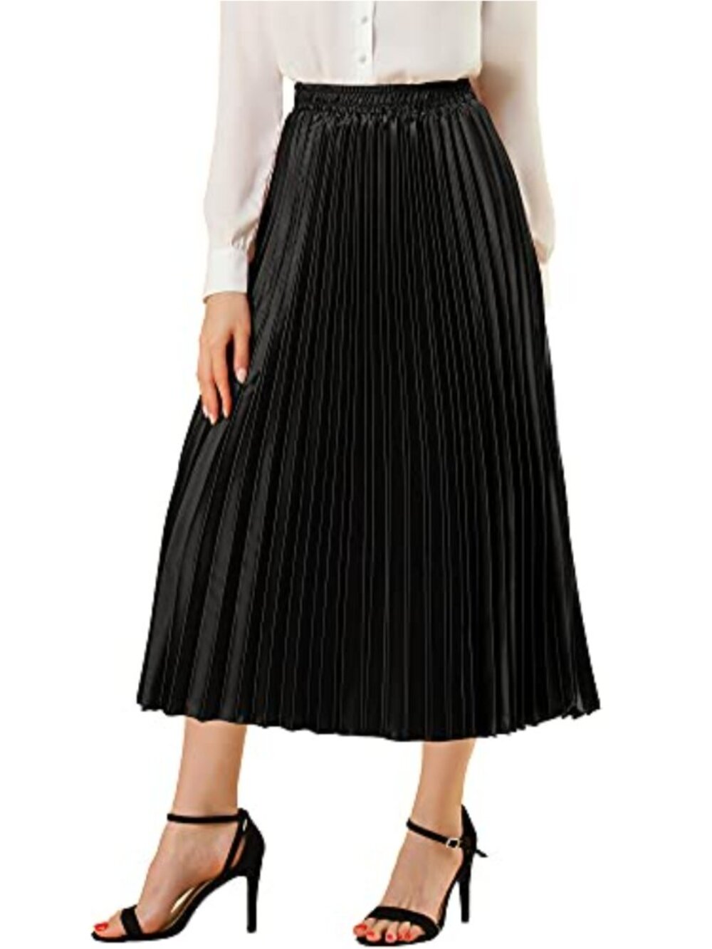 Pleated High Waisted A-Line Midi Skirt with Shiny Metallic Finish - Stretchy
